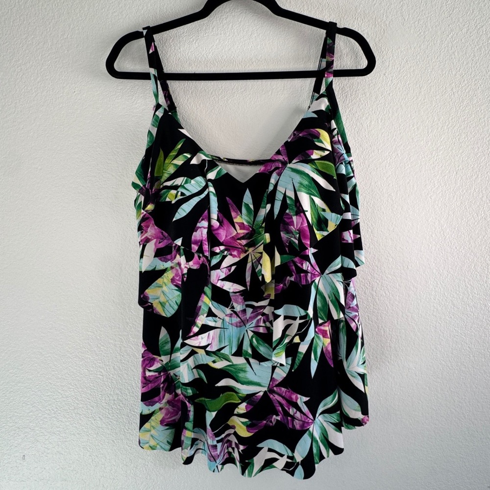 Aqua Green Tropical Floral Ruffle Tankini Top Plus Size 22W Black Purple Green